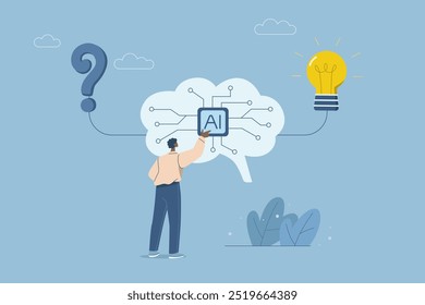 Using AI to solve problems and generate creative solutions, Working with robots, Businessman working with AI to find a solution to problem leading to the creation of a light bulb idea. Vector design.
