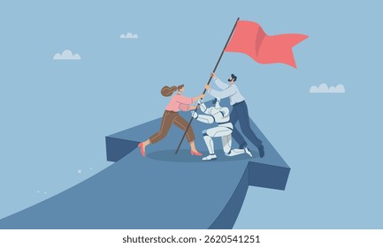Using AI to support teams to make them stronger and grow, Business teams working as a team and artificial intelligence support to raise the flag of victory, Innovation. Flat vector illustration.
