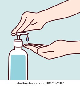 Using alcohol gel clean wash hand sanitizer anti virus bacteria dirty skin care. Hand drawn style vector design illustrations.