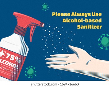 Usando un desinfectante para limpiar las manos, ilustración de prevención COVID-19 con línea retro grabada