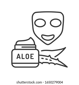 Usando el icono de la línea negra de la máscara de aloe. Uso de mascarilla con aloe en un tratamiento tranquilizante y de penetración profunda para la piel irritada o inflamada. Cuidado de piel de cara. Pictograma para página web, aplicación móvil, promoción. Trazo editable.