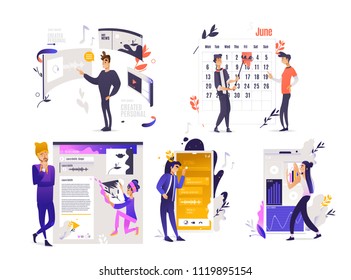 Using application set - computer and mobile software with user-friendly interface concept isolated on white background. People customizing app settings in cartoon vector illustration.