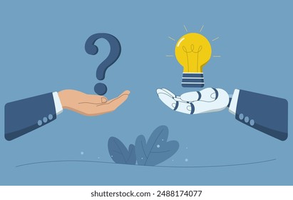 Using artificial intelligence to generate ideas to help solve problems, AI support, creative brainstorming, Human hand holding a question mark and a robot hand holding a light bulb. Vector design.