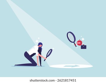 Using artificial intelligence help to searching for business direction concept, strategy or discover business opportunity, businesswoman using magnifying glass to discover arrow on the floor