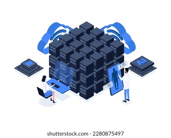 El uso de inteligencia artificial para la minería de datos médicos, una poderosa herramienta para analizar grandes cantidades de datos para mejorar los resultados en salud. Inteligencia artificial en la ilustración isométrica de la atención sanitaria.