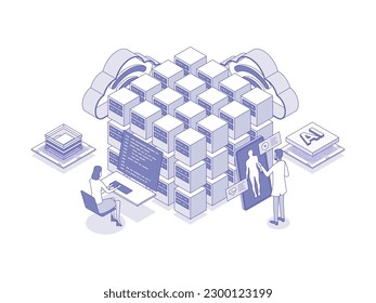 Using artificial intelligence for medical data mining, a powerful tool for analyzing large amounts of data. Artificial intelligence in healthcare lineal isometric illustration.