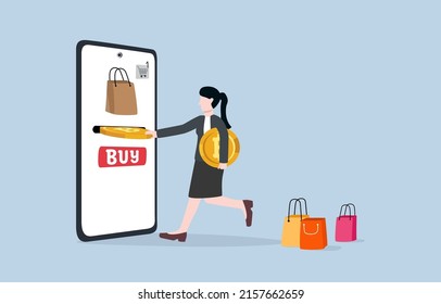 Using bitcoin to buy goods, alternative convenient 
way for purchasing product or service with cryptocurrency concept. Woman inserting bitcoin token into money slot on mobile screen for shopping.