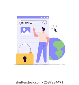 Using browser with https protocol illustration. Man searching website address with security. Concept of web protection, ssl certificate for web Design, UI, banners