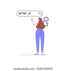 Using browser with https protocol illustration. Woman searching website address with security. Concept of web protection, ssl certificate for web Design, UI, banners