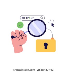 Using browser with https protocol illustration. People searching website address with security. Concept of web protection, ssl certificate for web Design, UI, banners