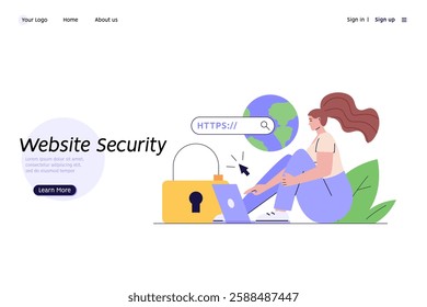 Using browser with https protocol illustration. Woman searching website address with security. Concept of web protection, ssl certificate for web Design, UI, banners