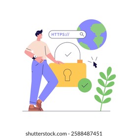 Using browser with https protocol illustration. Man searching website address with security. Concept of web protection, ssl certificate for web Design, UI, banners
