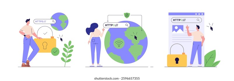 Using browser with https protocol illustration set. People searching website address with security. Collcetion concept of web protection, ssl certificate for web Design, UI, banners
