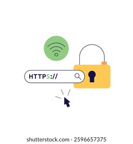 Using browser with https protocol illustration. People searching website address with security. Concept of web protection, ssl certificate for web Design, UI, banners