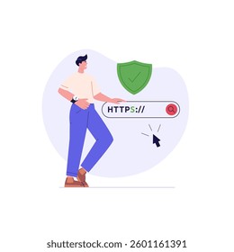 Using browser with https protocol illustration. People searching website address with security. Concept of web protection, ssl certificate for web Design, UI, banners