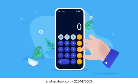 Usando calculadora por teléfono - Smartphone con aplicación e interacción manual. Ilustración del vector