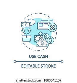Usando el icono de concepto de efectivo. Ilustración de línea delgada de idea de punta de compra. Ahorro de dinero. Considerando las opciones de compra. Seguimiento del gasto. Dibujo de color RGB con contorno aislado del vector. Trazo editable