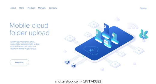 Using cloud folder service in isometric vector illustration. Uploading documents in digital storage. Data transfering application. Web banner template.