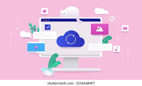 Using cloud service - Computer syncing files to the cloud with decorative design elements in semi flat vector design