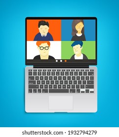 Using communication application for conference. Isometric vector illustration 