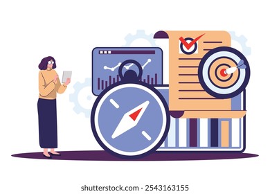 Using Compass for Navigation and Orientation in Business. Strategic Planning, Future Vision. flat illustration