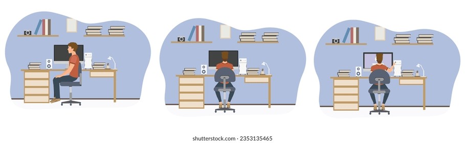 Using Computer PC, Using Process of using Computer, Using Process of PC Desktop, Person Use Desktop and Sitting on Computer Desk Chair. Process to use at home and office worker remotely working pose