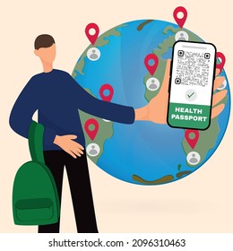 Using the Covid-19 Coronavirus Vaccination Certificate. man shows a smartphone with a QR code of the vaccine in a mobile application or on the screen. The concept of free and safe travel. Flat vector