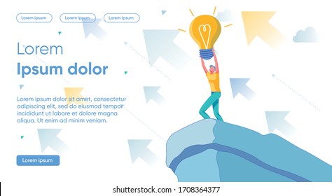 Using Creative Idea To Overcome Crisis And Hardship In Business. Man Character Standing Over Precipice And Rising Electric Bulb As Creative Successful Solution - Metaphor. Flat Vector Illustration.