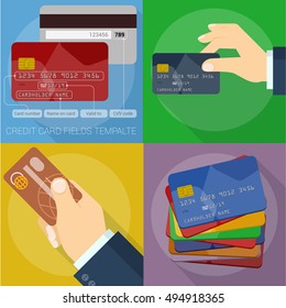 Using credit card. Flat design icons and element set. Vector mock up.