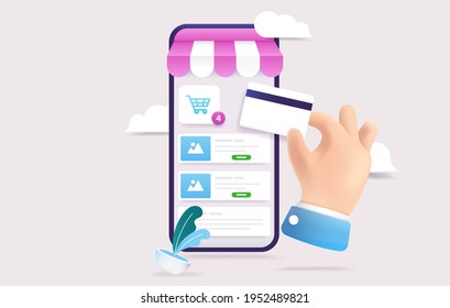 Using Credit Card On Online Shop - Hand Paying For Products On Web Shop With Debit Card. Online Shopping Concept. Editable 3d Vector Illustration.