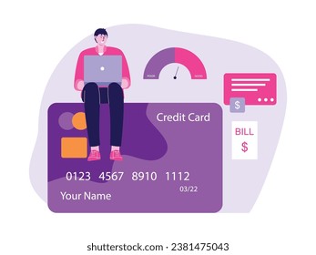 Using a credit card to pay bills from a bank loan with minimal interest and detailed proof of receipt, vector illustration.