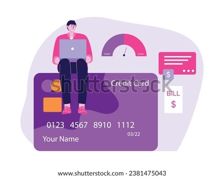 Using a credit card to pay bills from a bank loan with minimal interest and detailed proof of receipt, vector illustration.