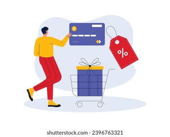 Using credit card for shopping, getting special prices and gifts, cyber Monday vector illustration.
