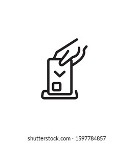 Using credit card thin line icon. Human hand inserting credit card to slot isolated outline sign. Finance, banking, transaction concept. Vector illustration symbol element for web design
