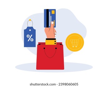 Using a credit card when shopping at an online store, price discounts of a certain amount, cyber Monday vector illustration.