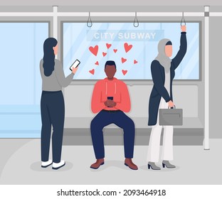 Verwendung von Dating-App in der Stadtuntergrundbahn flache Vektorgrafik. Sucht nach Smartphone-Anwendungen. Enamored Mann umgeben von Passagieren 2D Cartoon-Figuren mit City-U-Bahn auf Hintergrund