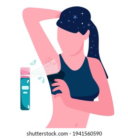 Using deodorant concept.Sweaty armpits illustration.Young woman in sportswear.Unpleasant smell,odor in underarm zone after gym.Wet spot on clothes,skin irritation,Hyperhidrosis.Antiperspirant spray.