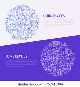 Using devices concept in circle with thin line icons: gadget, tablet in hands, touchscreen, fingerprint, laptop, wireless headphones. Modern vector illustration for banner, web page, print media.