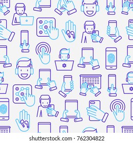Using devices seamless pattern with thin line icons: gadget, tablet in hands, touchscreen, fingerprint, laptop, wireless headphones. Modern vector illustration for banner, web page, print media.