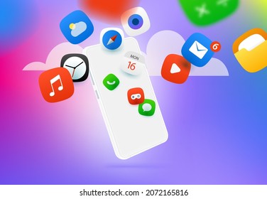 Using different internet applications via modern smart phone. Vector concept 