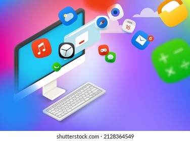 Using different internet applications via modern pc. Vector concept 