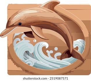 Using different wood grains, create an artistic depiction of a dolphin, showcasing its majestic form and fierce spirit.