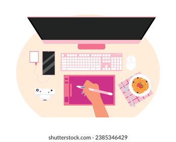 Using digital drawing tools to create cartoons on the computer, dominant equipment in pink, desk top view vector illustration.
