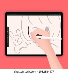 Using a digital pencil or stylus pen drawing cartoon caractor. A portrait of a girl on a drawing application. Drawing a rabbit with graphic tablet.