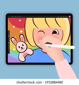 Using a digital pencil or stylus pen drawing cartoon caractor. A portrait of a girl on a drawing application. Drawing a rabbit with graphic tablet.