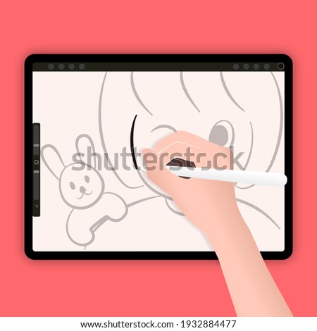 Using a digital pencil or stylus pen drawing cartoon caractor. A portrait of a girl on a drawing application. Drawing a rabbit with graphic tablet.