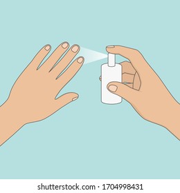 Using of disinfectant. Cleaning hands with sanitizer. Vector illustration.