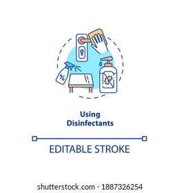 Using disinfectants concept icon. New public rule idea thin line illustration. Cleaning, disinfecting. Bacteria and viruses. Sanitisation. Vector isolated outline RGB color drawing. Editable stroke