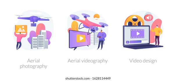 Using drones in video footage creation. Trendy UAV devices for birds view photographs. Aerial photography, aerial videography, video design metaphors. Vector isolated concept metaphor illustrations.