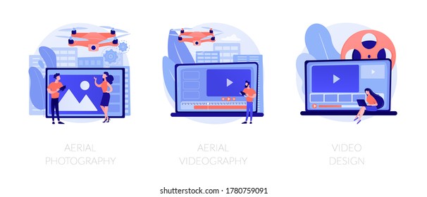 Using drones in video footage creation. Trendy UAV devices for birds view photographs. Aerial photography, aerial videography, video design metaphors. Vector isolated concept metaphor illustrations.